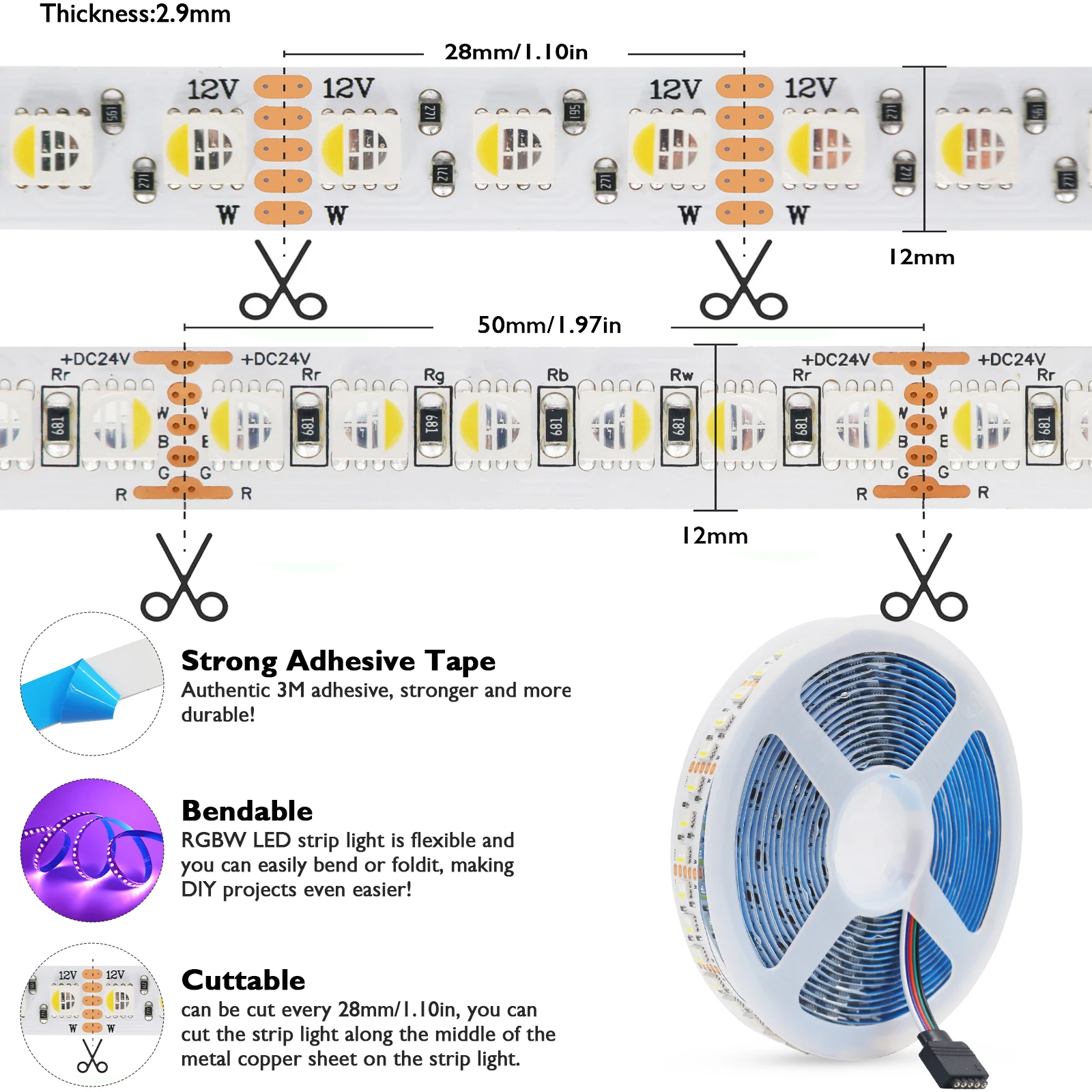 5M RGBW RGBWW LED Strip Light 12V 24V 4 Colors In 1 Chip SMD5050 60 108 120LEDs/M Flexible LED Tape Ribbon Rope Light for Decor