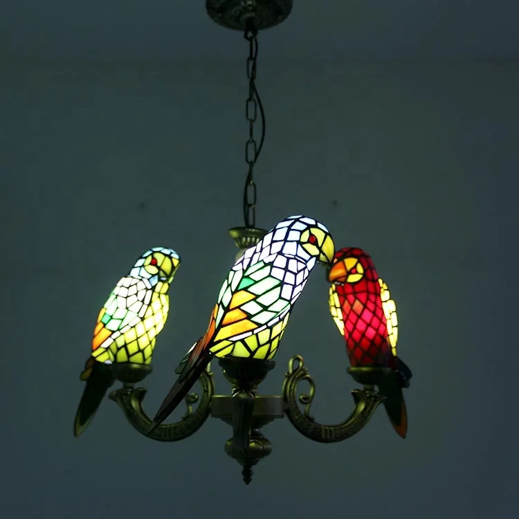 Parrot Pendant Lamps 3Head Multi-Color Dome Pendant Lighting  Rustic Stained Glass Hanging Lights