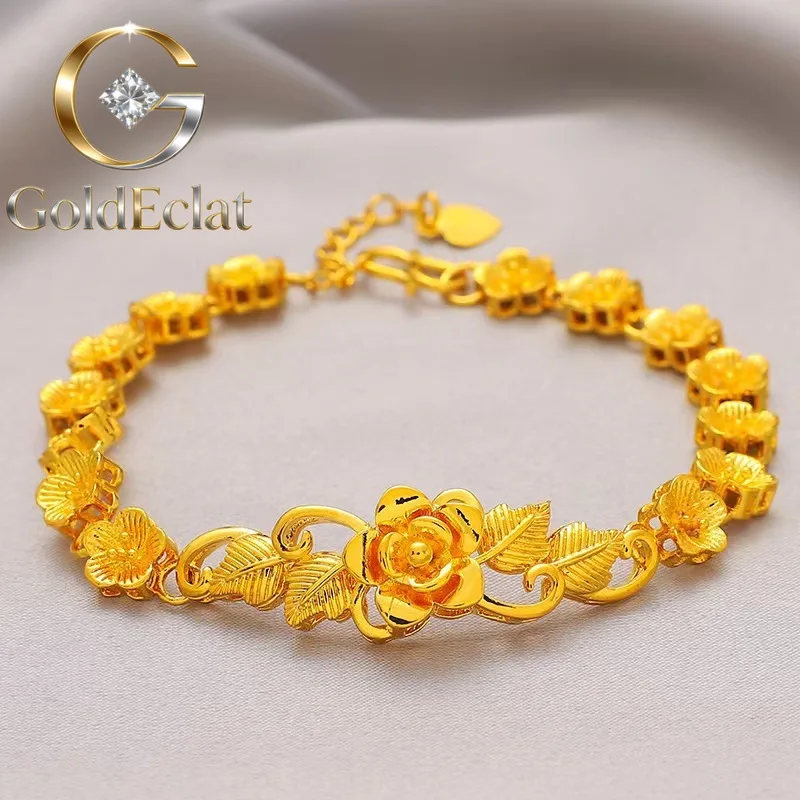 GoldEclat   Luxury 24K 9999 Pure Gold real gold Women's Flower Bracelet All-match Large Flower Bracelet