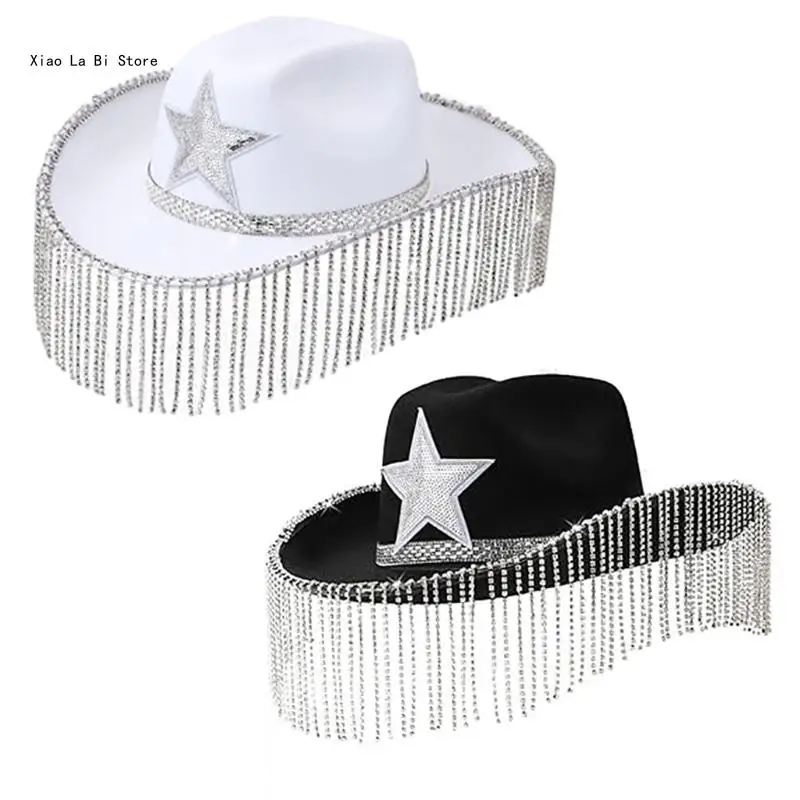 

Shimmering Fringes Cowgirl Hat for Woman Breathable Cowboy Hats with Diamond Fringes Banquets Party Photography Hat XXFD