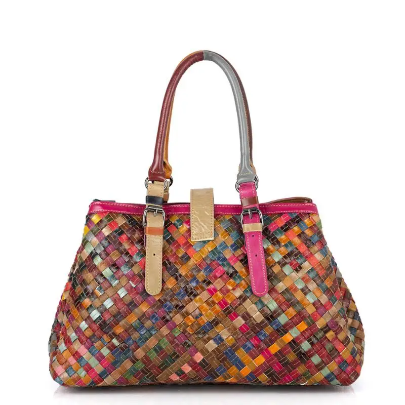 LOMANTINA Fashion Multicolored Genuine Leather Bags Weave Handbags Women\'s Shoulder Bag Colorful Handbag Female Knitting Tote