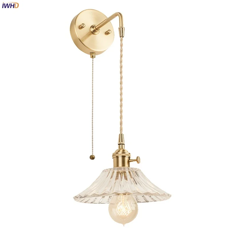 

IWHD Nordic Minimalism LED Wall Lamp For Bedroom Sofa Loft Bathroom Mirror Stair Light Pull Chain Switch Copper Applique Murale