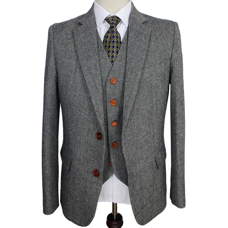 

Men Suit Gray Retro Gentleman Style Grey Classic Tweed Tailor Wedding Suits For Slim Fit Blazer Mens 3 Piece Jacket Pants Vest