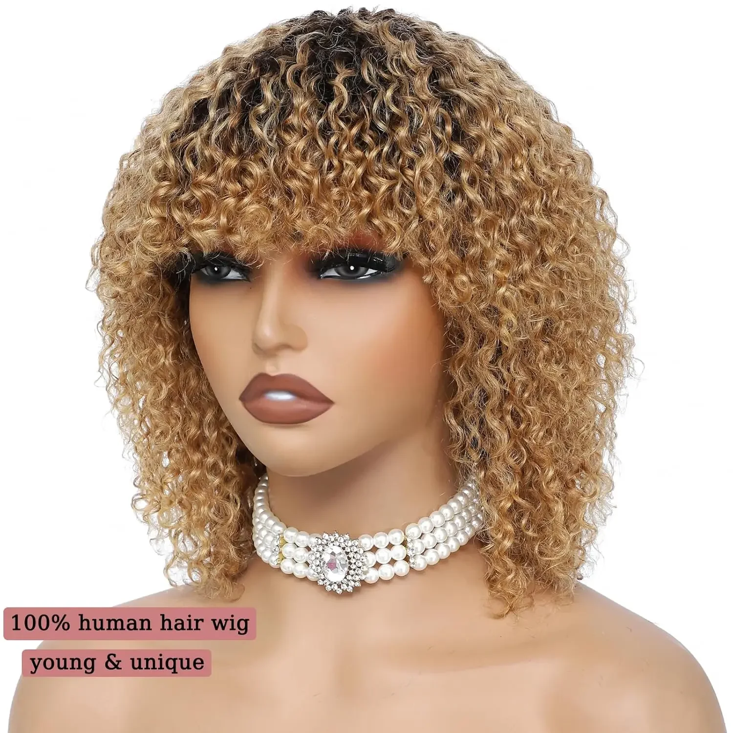 1B 27 옴브레 생강 다크 브라운 곱슬 글루리스 인모 가발, 뱅 머신 제작 가발, 깔끔한 프린지, 저렴한 풀 가발