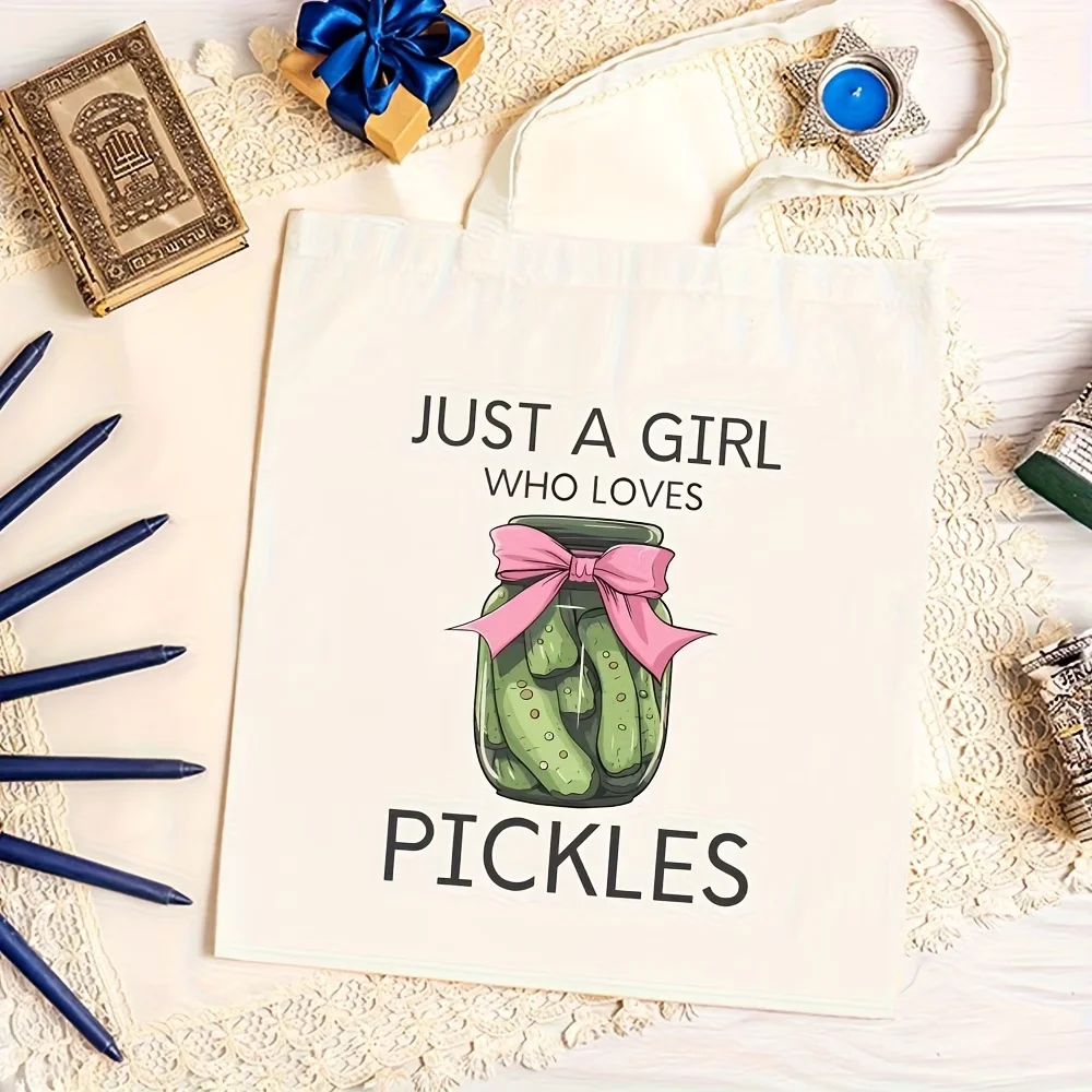 Fun Pickle Lover Shoulder Tote – Spacious & durable beige bag Decorated with the phrase 