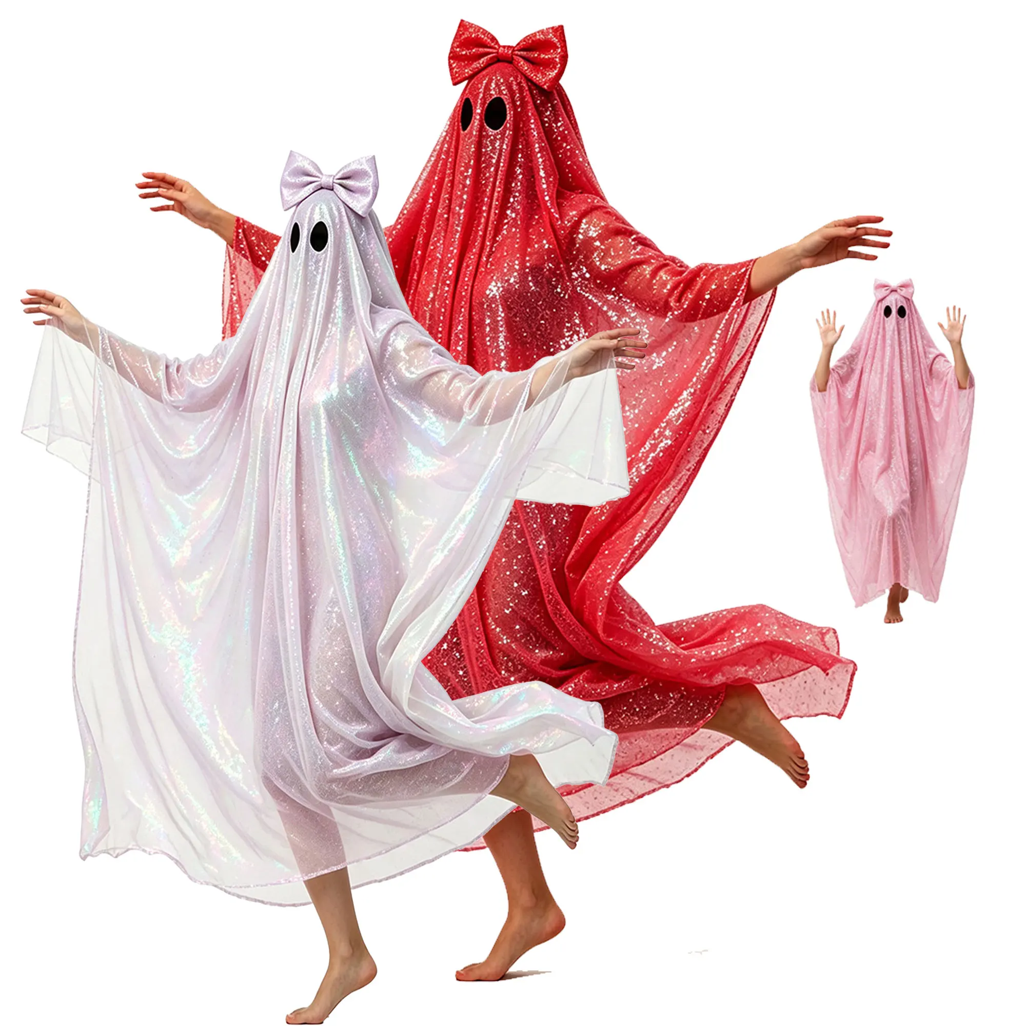 Halloween Disco Ghost Costume Adult Women Spooky Sequin Ghost Poncho Cape Adult Party Haunted House Decor Party Photo Prop