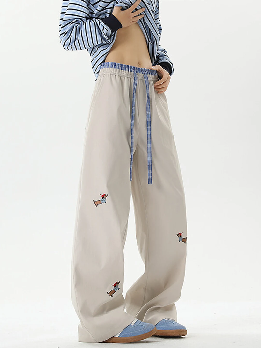 Pantalon décontracté à carreaux bleus pour hommes, coupe ample, jambes droites fines, vêtements de travail, respirant, taille élastique, Long, été