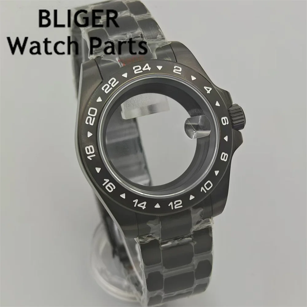 BLIGER 40mm Black PVD Watch Case Sapphire Glass Fixed Bezel Stainless steel bracelet Fit NH34 NH35 NH36 ETA2824 PT5000 Movement