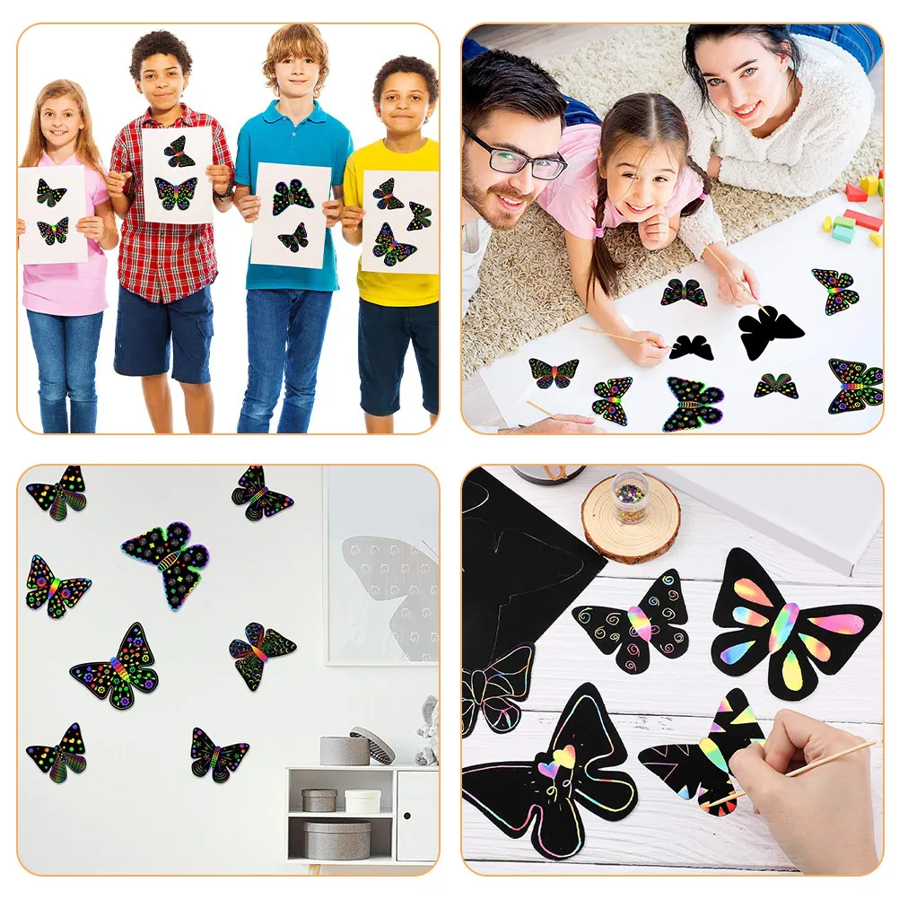 1Set Butterfly DIY Scratch Paper Crafts Creative Scratch Painting Hand Eye Coordination Festival Fun Decorative DIY Crafts