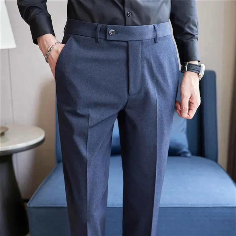 Pantalones de traje de moda para hombre, ropa ajustada, pantalones largos formales de negocios, pantalones casuales guapos de estilo coreano, rosa y azul, otoño