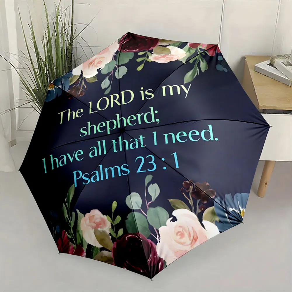 1PC Elegant Floral Umbrella Featuring Psalm 23:1 for Inspiration Print 8 Iron Ribs Folding Umbrella Auto-Open Fashion Sunshade