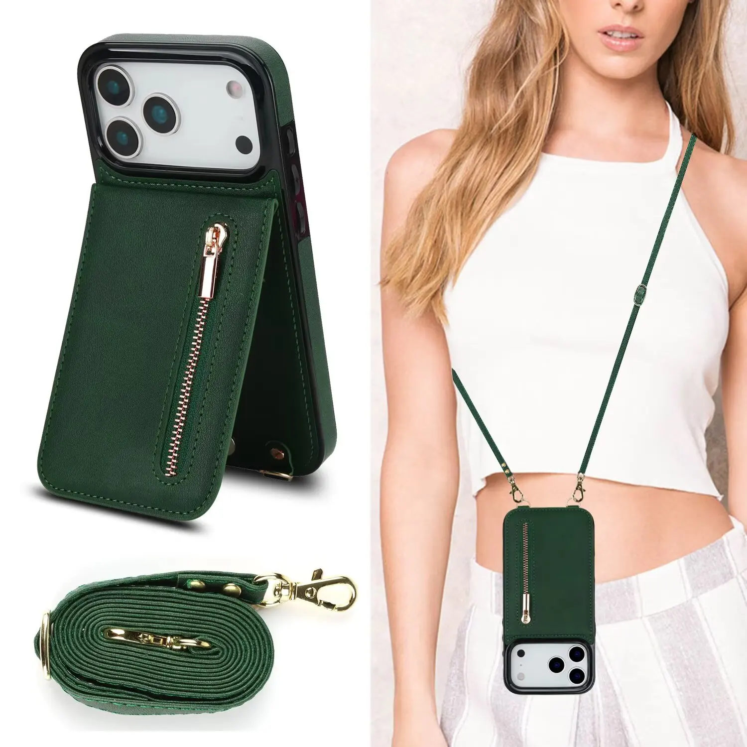 

Shockproof Crossbody Leather Zipper Card Holder Wallet Case For iPhone 17 Pro Max 16 15 14 13 12 11, Kickstand Phone Cover Funda
