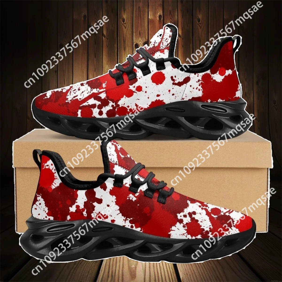 Custom Red Blood Printed Casual Sneakers Outdoor Breathable Lace-up Cushion Mesh Shoes Lightweight Footwear Halloween Gifts