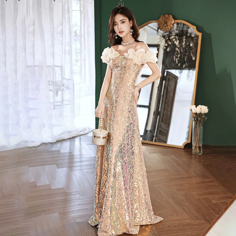 It's Yiiya Evening Dress Champagne Sequins Off the Shoulder Pleat A-line Floor-length Plus size Women Party Formal Gowns A3023