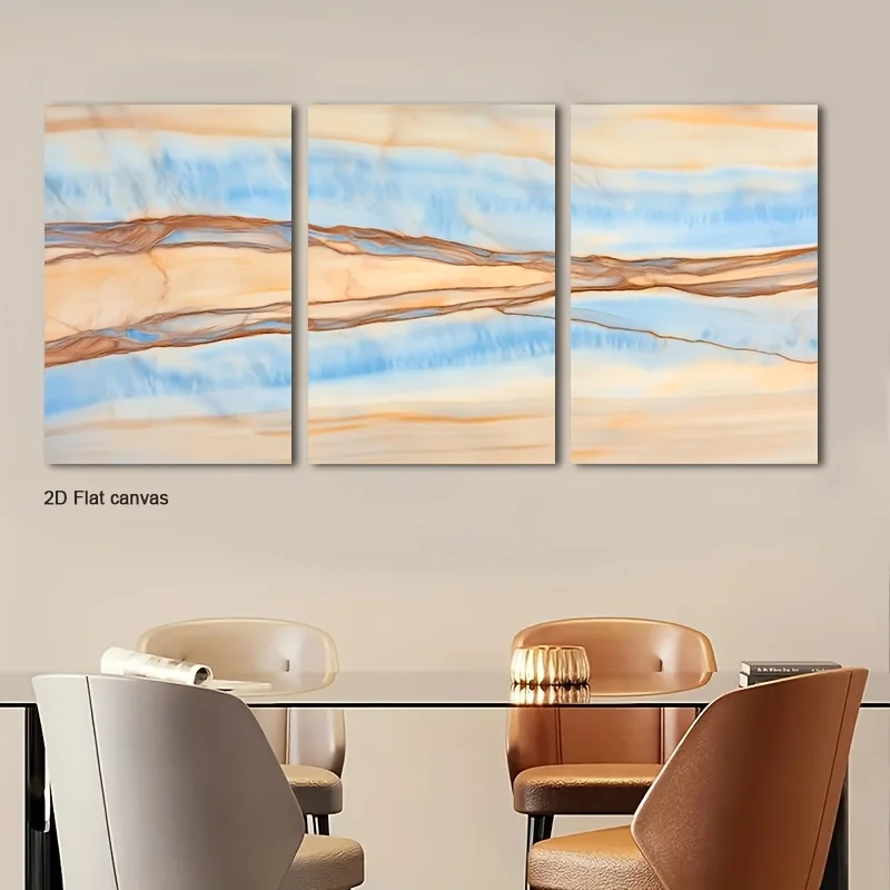 Frameless canvas 3pcs Marbled Texture Wall Art - Soft Swirling Marbled Patterns In Soothing Blue & Tan Suitable For Room, Off