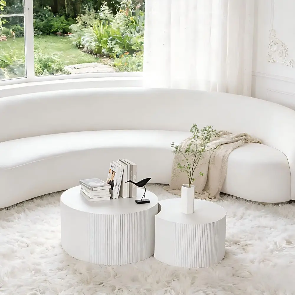 

Round Wooden 2-Piece Nesting Table Set for Living Room, Bedroom, or Balcony - White