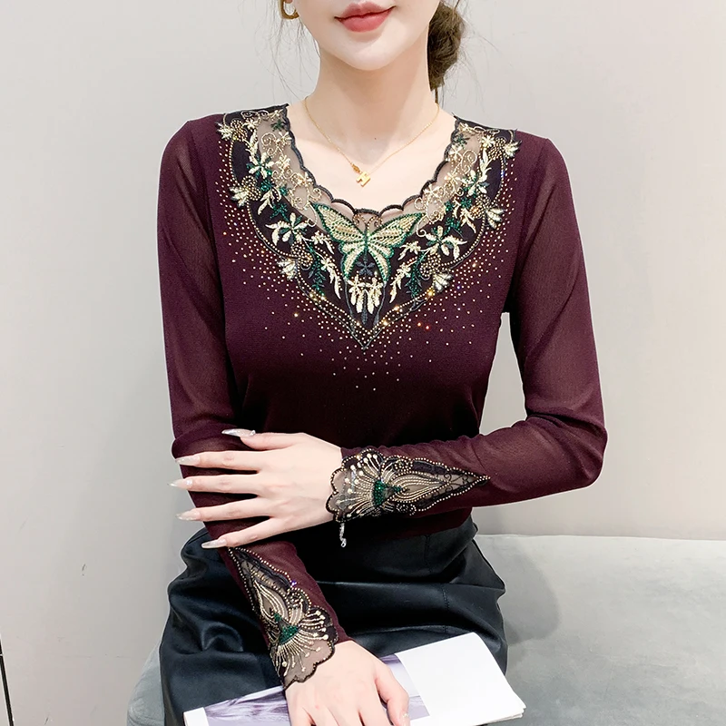 MadBlack-Women's European T-Shirt, Sexy V Neck Embroidery Diamond, Streetwear Long Sleeve Slim S-3XL Tee, 2025 Autumn T59634CC