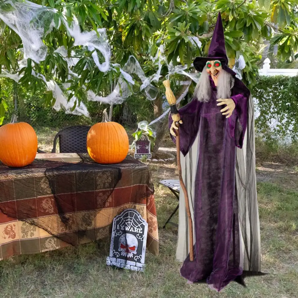 Ornamento de bruxa com olhos led assustador adereços de bruxa de halloween estátua de bruxa má com som de olhos brilhantes 5 pés pairando para festa