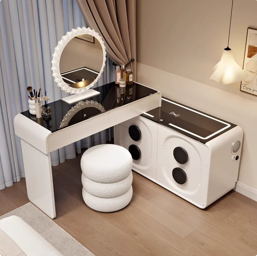 #Cream-style Solid Wood Dressing Table Modern Minimalist Bedroom Chest 4 Drawers Durable Storage Unit Single Vanity