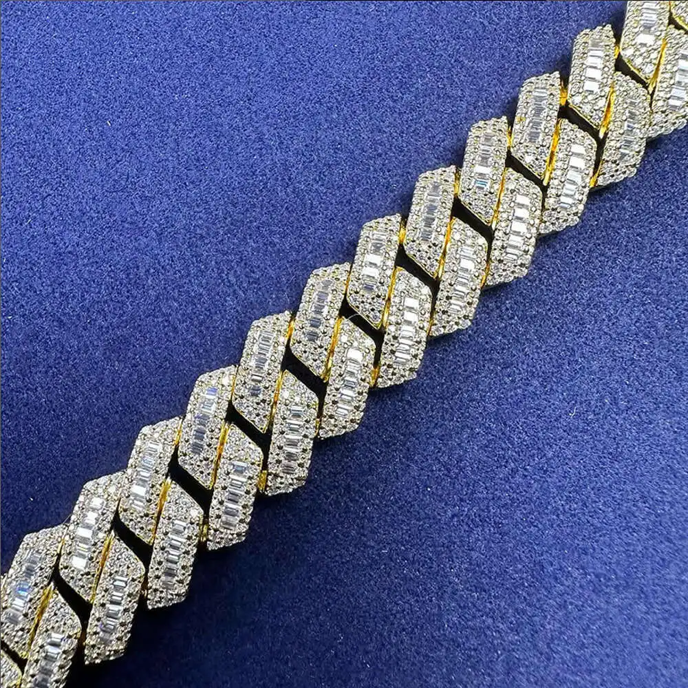 Elegant 13mm Moissanite Cuban Link Chain Necklace Pure 925 Silver Sterling with 10k Gold Accents