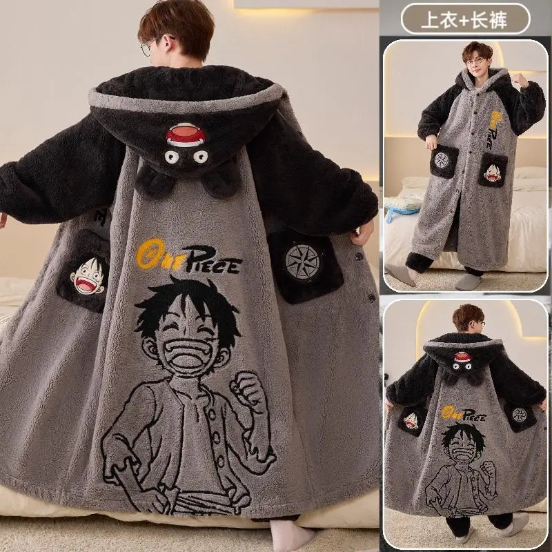Winter-Pyjama-Set für Erwachsene aus dickem Korallenfleece, niedlicher Cartoon-Luffy-Anime-Print, Kapuzenrobe mit Hose, warme, flauschige Schlafkleidung.