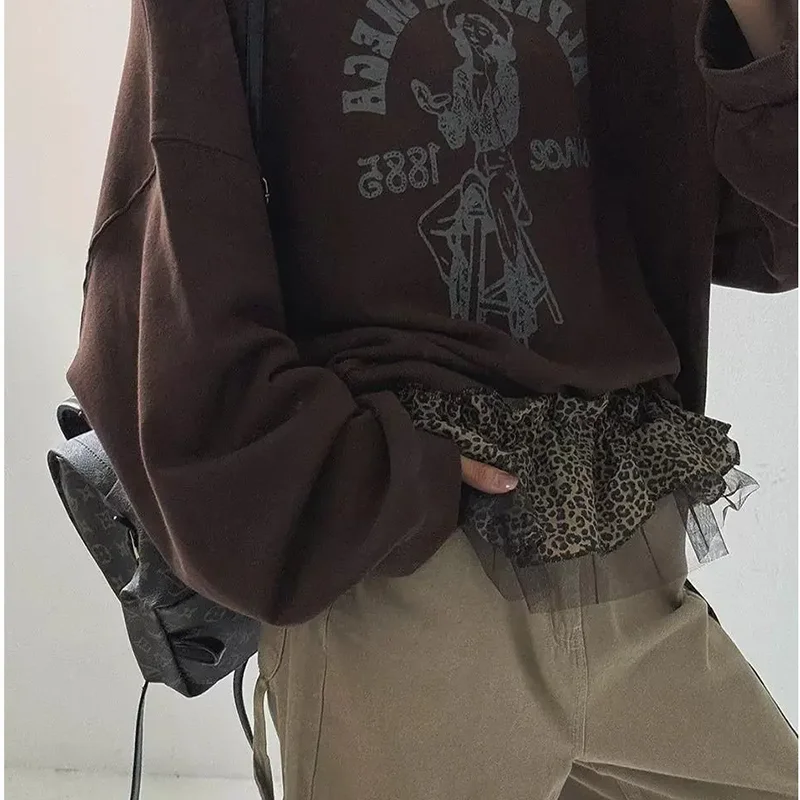 Leopard Print Hip Scarf Skirt Fashion Hip-Hop Sweet Shirt Extender Ruffled Edge Waistband Mesh Layer Outfit Belt for Streetwear