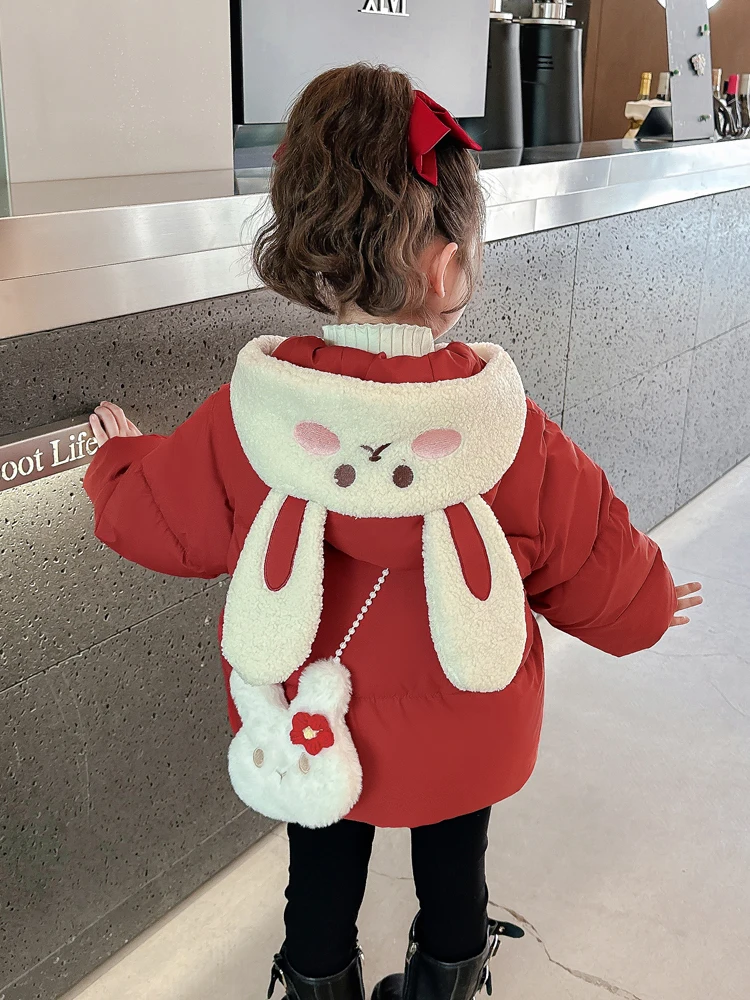 

Sli Thiened Fce Хлопковая куртка с кроличьими ушками для девочек, зимняя теплая верхняя одежда, модная длинная молния для поездок на работу