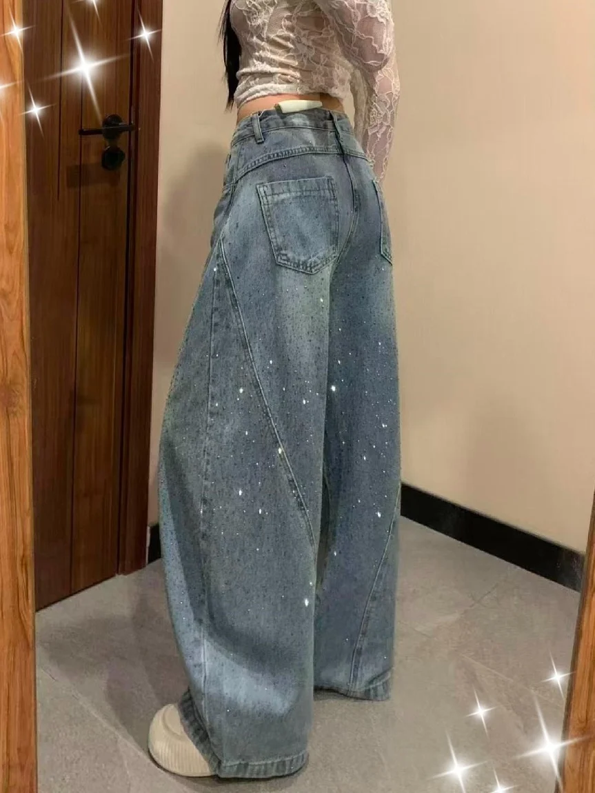 

American Style Star Embroidered Wide Leg Jeans Women's Loose Casual Diamond Shiny Knife Denim Pants High Waist Spring