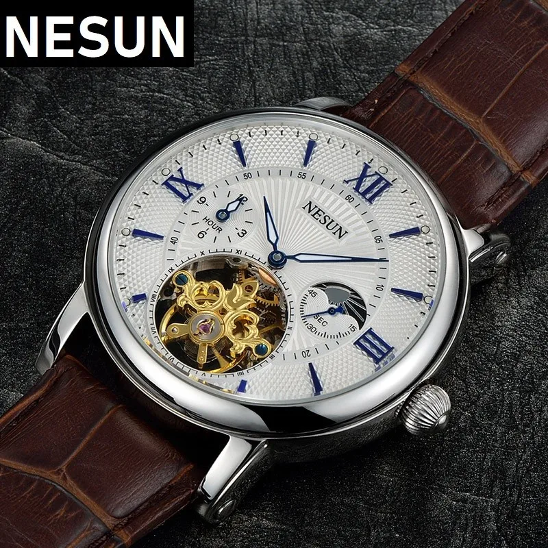 Nesun For Mens Watch Tourbillon Automatic Skeleton Mechanical Wristwatch Sports Leather Switzerland Relogio Masculino New Hombre