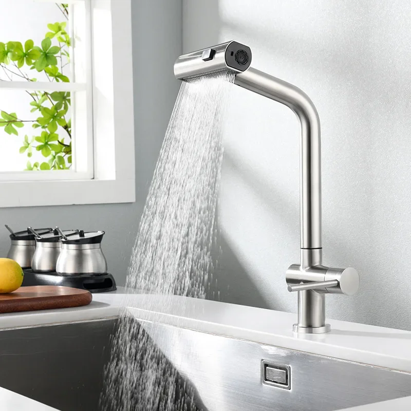 

304 Stainless Steel Kitchen Sink Pull Out Sprayer Faucet Grey/Black Waterfall Hot Cold Single Hole Mixer Wash Tap For Kitchen