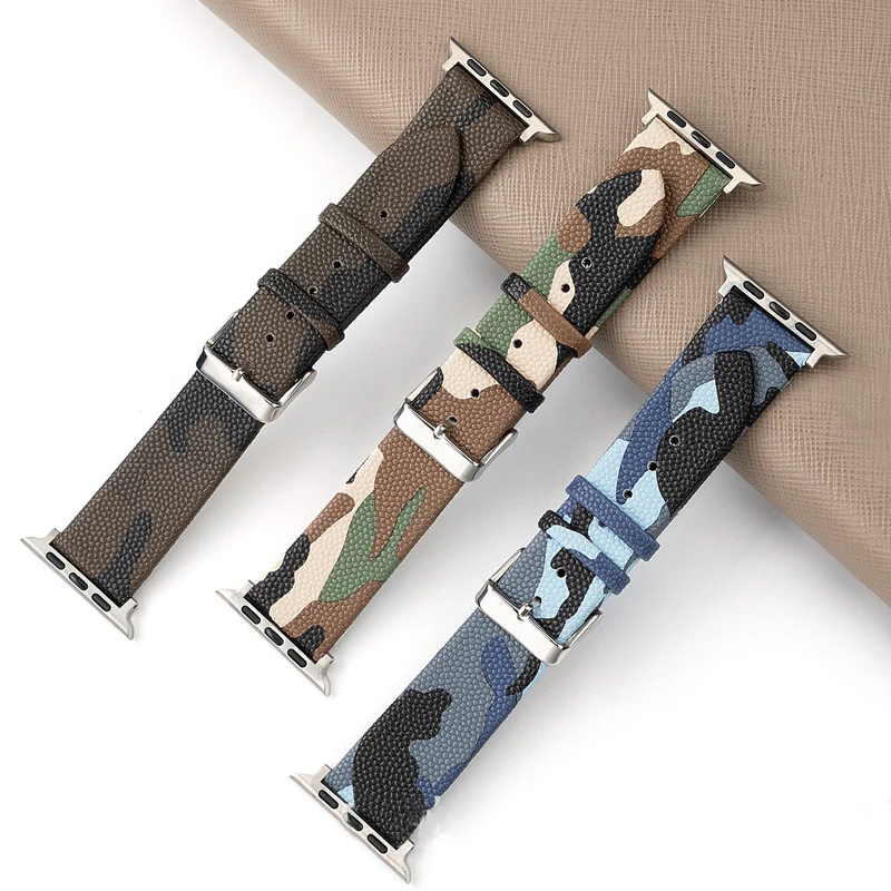 Strap For Apple watch band 44mm 40mm 45mm 42mm 38MM Genuine leather watchband camouflage bracelet iwatch series 3 4 5 6 SE 7