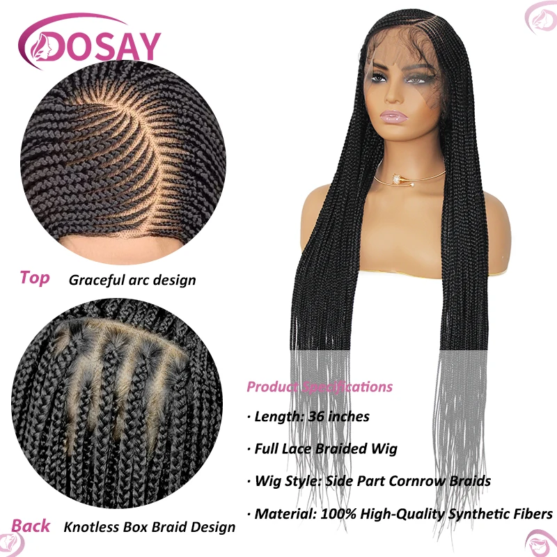 36'' Synthetic Braided Wigs Cornrow Braids Lace Wigs Box Braid Side Part Braiding Hair Full Lace Front Wig For Black Women Dosay