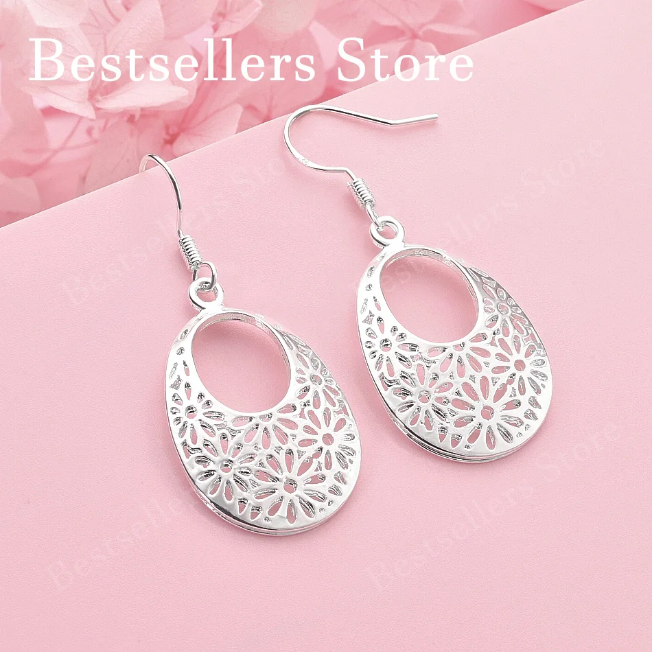 925 Sterling Silver Delicate Openwork Round Earrings for Women, Fashionable Party Gifts and Wedding Accessories