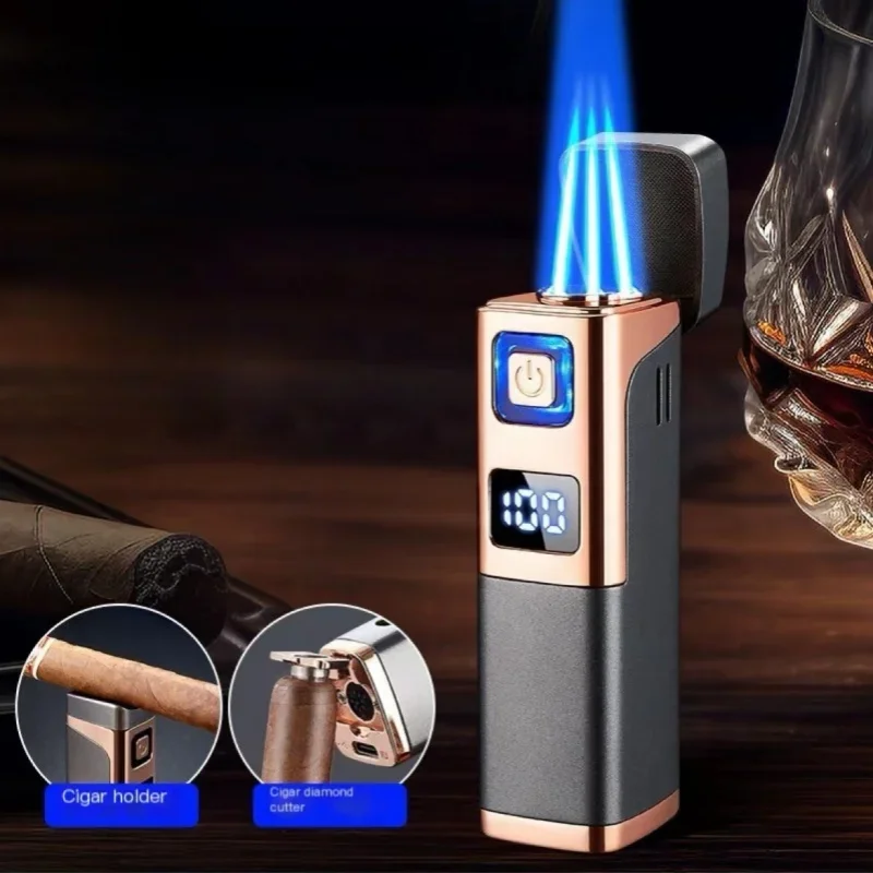 2024 Multi functional Windproof Three Flame Cigar Lighter Visual Gas Window Digital Battery Display Gas Type-C Electric Lighters