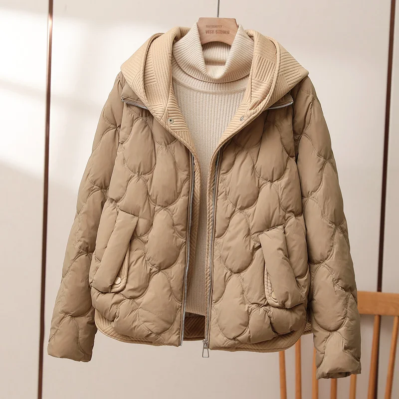 Parka curta solta com capuz feminino, casaco falso de malha de duas peças, jaqueta puffer emendada, parkas casual, 90% Duck Down, inverno, novo