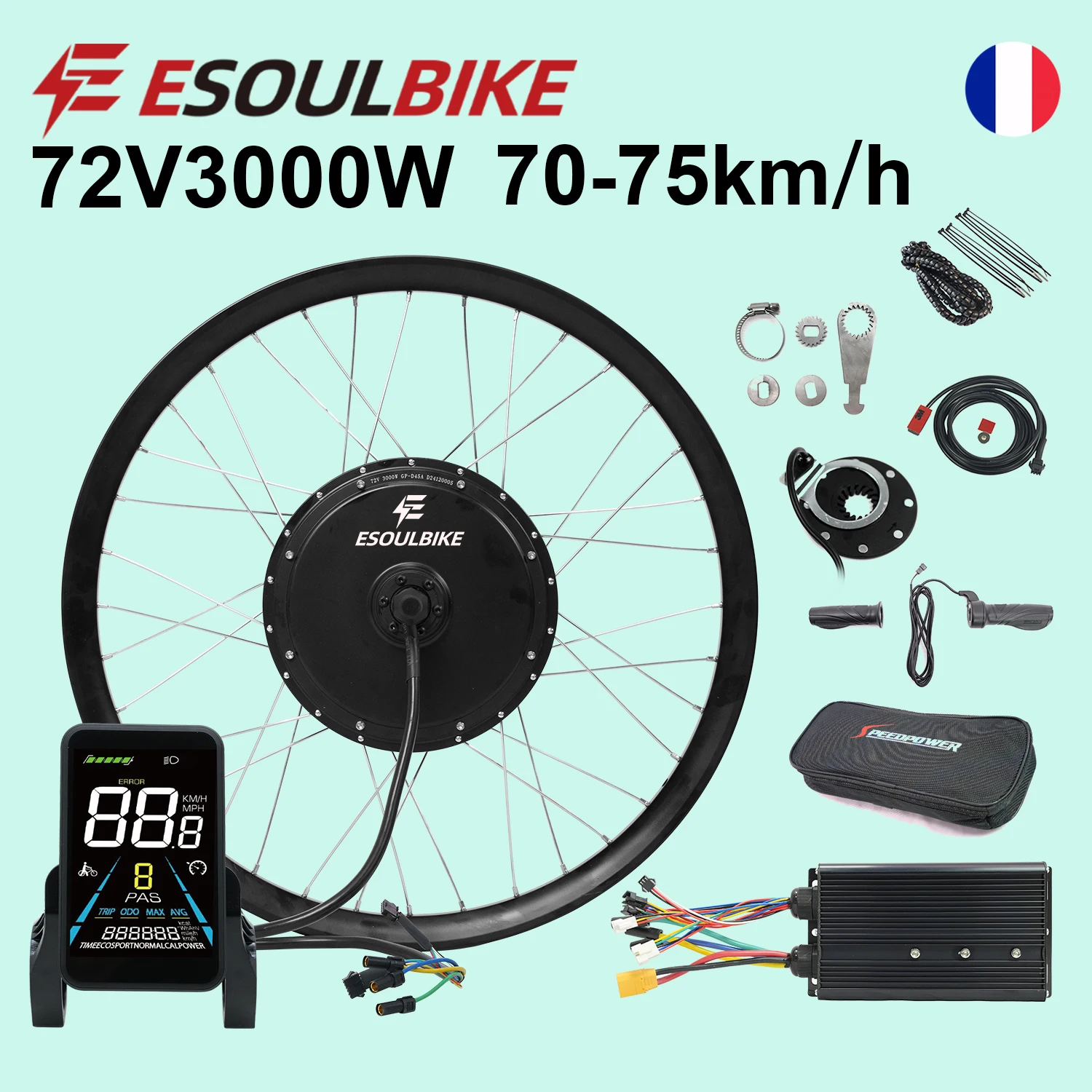 Kit de conversion de vélo électrique ESOULBIKE, moteur de roue arrière, kit de vélo électrique 72V 3000W, moteur de moyeu, kit de vélo électrique 26 27.5 28 29 700C 3.0 pneu MTX