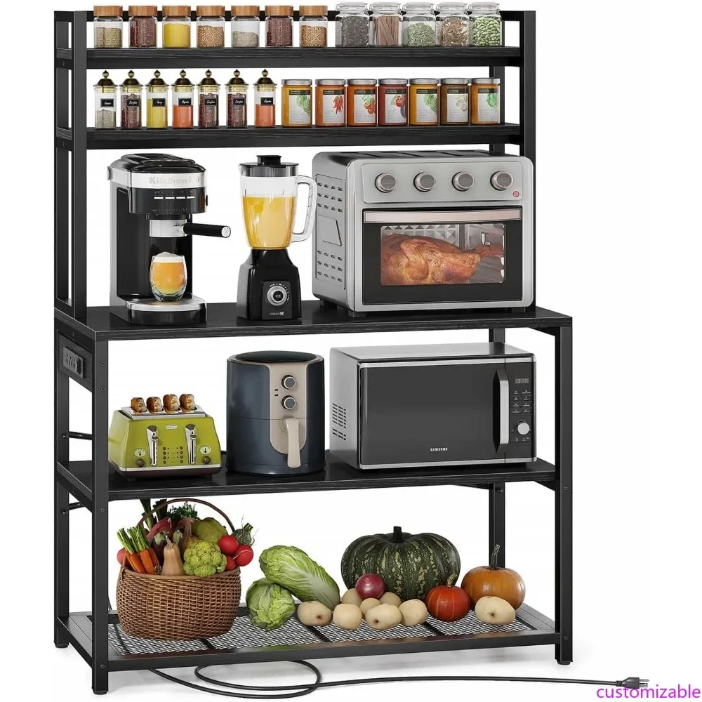 

Customizable 39.4 Inch Wide Large Bakers Rack with 3 Power Outlets, 5-Tier Microwave Stand with Storage, Freestanding Kitchen St