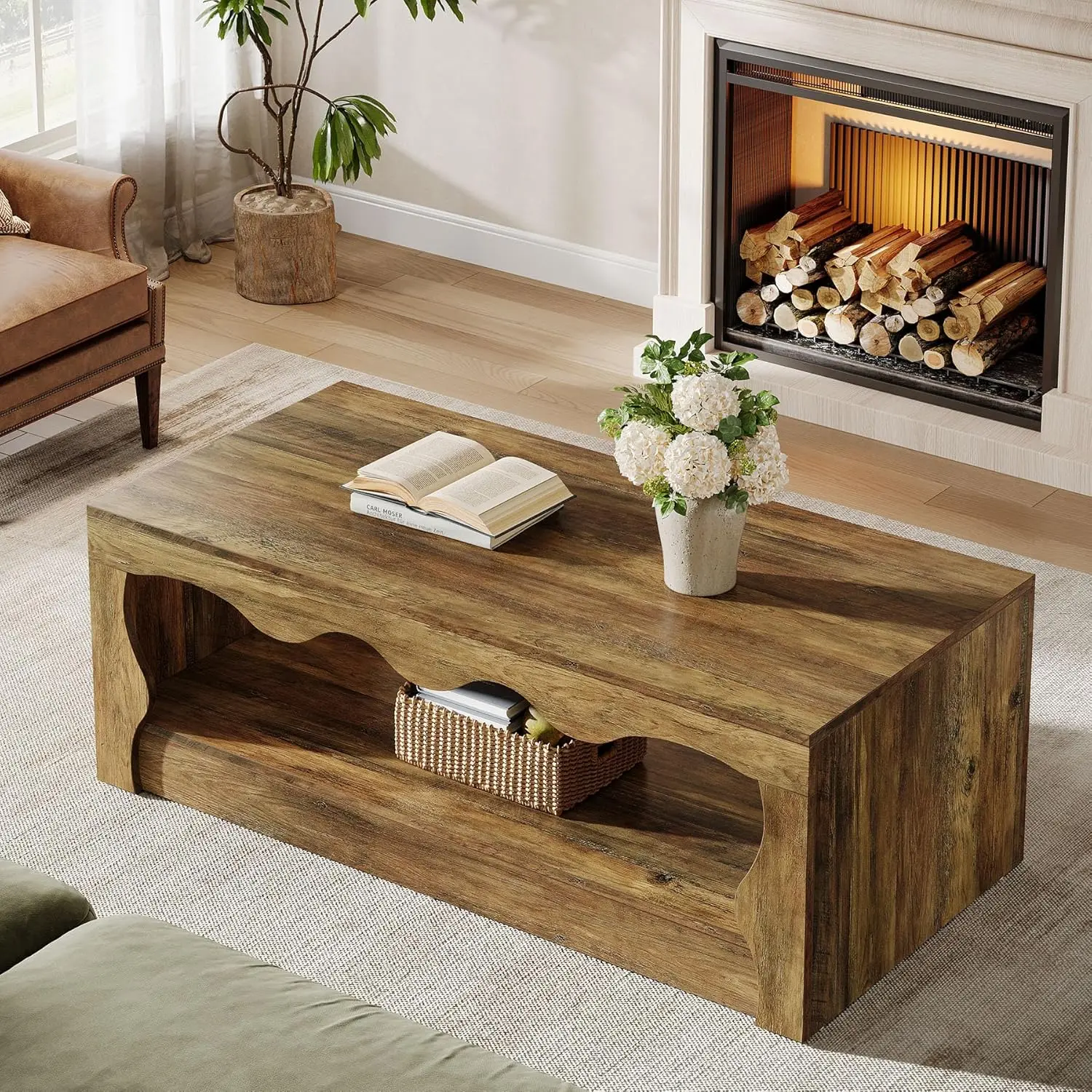 

Rectangle Coffee , 47-Inch Farmhouse Coffee Tables for Living Room, 2-Tier Wooden Rectangular Accent Center Low Cocktail Te