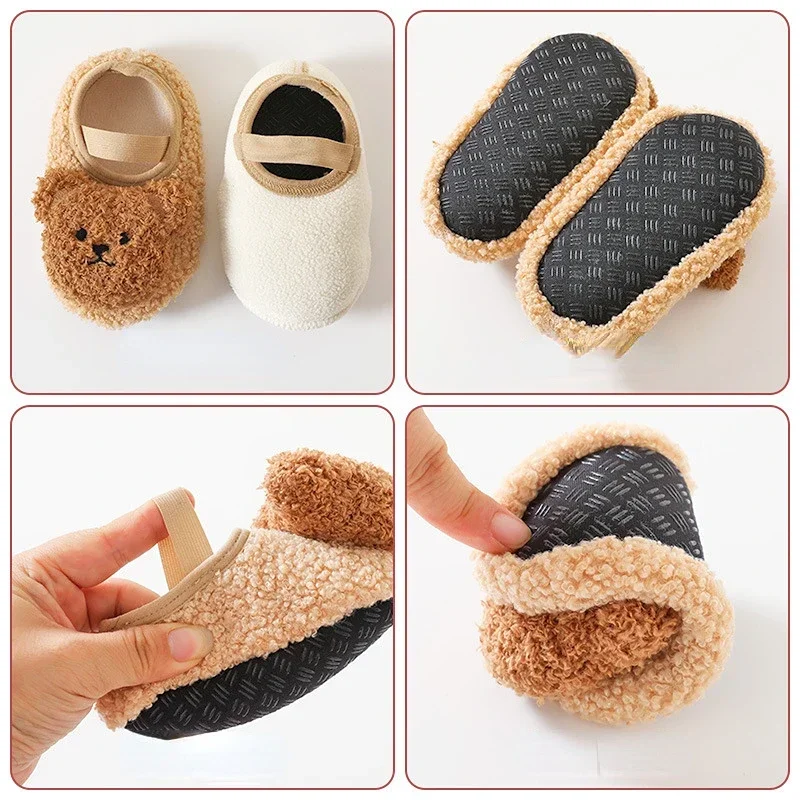 Autumn Warm Newborn First Walker for Boy Girl Cartoon Animal Bear Indoor Non-slip Floor Shoes Winter Fury Plush Floor Shoes