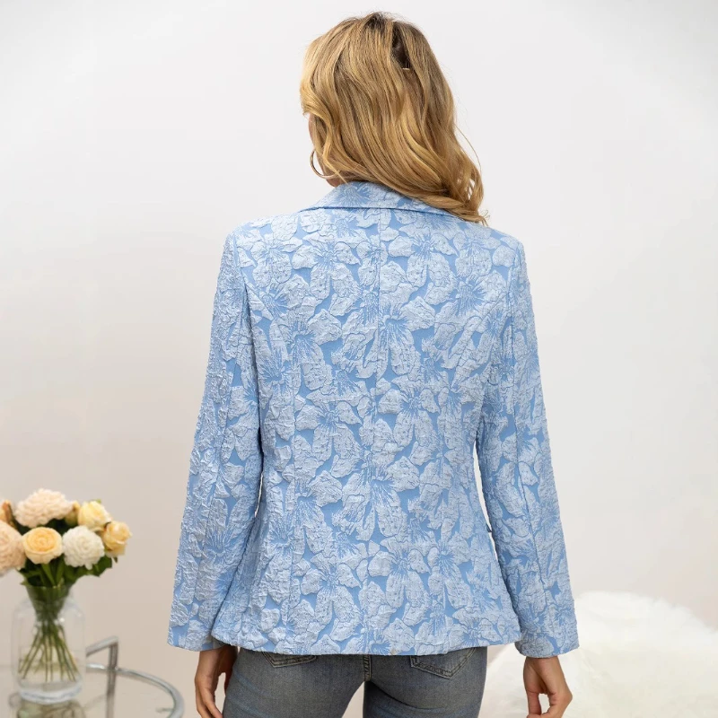 Blue Jacquard Women's Formal Jackets Single Button Elegant Blazers 2025 Autumn New Suit Coat Fashion Long Sleeves Slim Outerwear