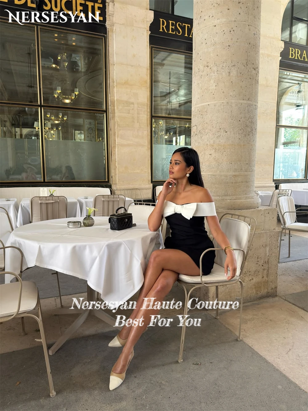 Sukienki mini na studniówkę Nersesyan Sexy Bow, z odkrytymi ramionami, linia A, satynowe sukienki na imprezę, bez pleców, krótkie sukienki na studniówkę, do klubu, szyte na miarę