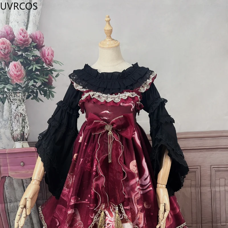 Wiktoriański Vintage Lolita koszule damskie Kawaii koronkowe falbany O-Neck Flare rękaw bluzka z szyfonu dziewczęce słodkie eleganckie księżniczki