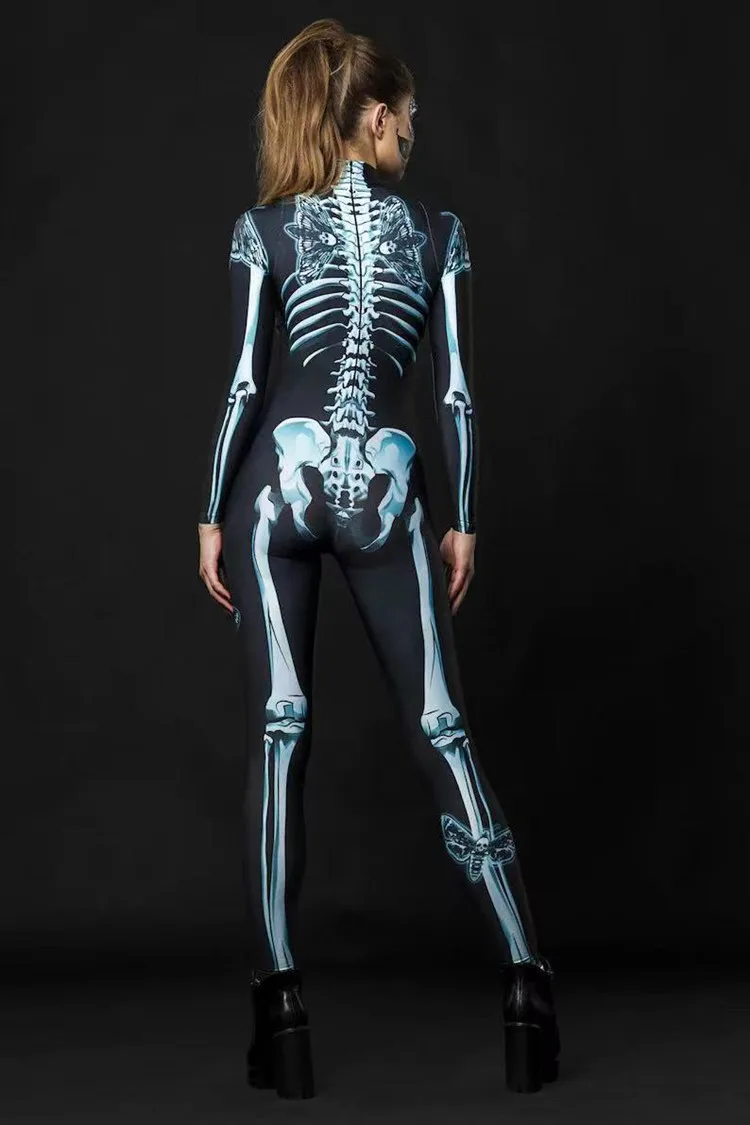 2022 Skeleton Digital Print Women's Skinny Halloween One Piece Jumpsuit Cosplay Costume Sexy Bodysuit Zentai Suit Women