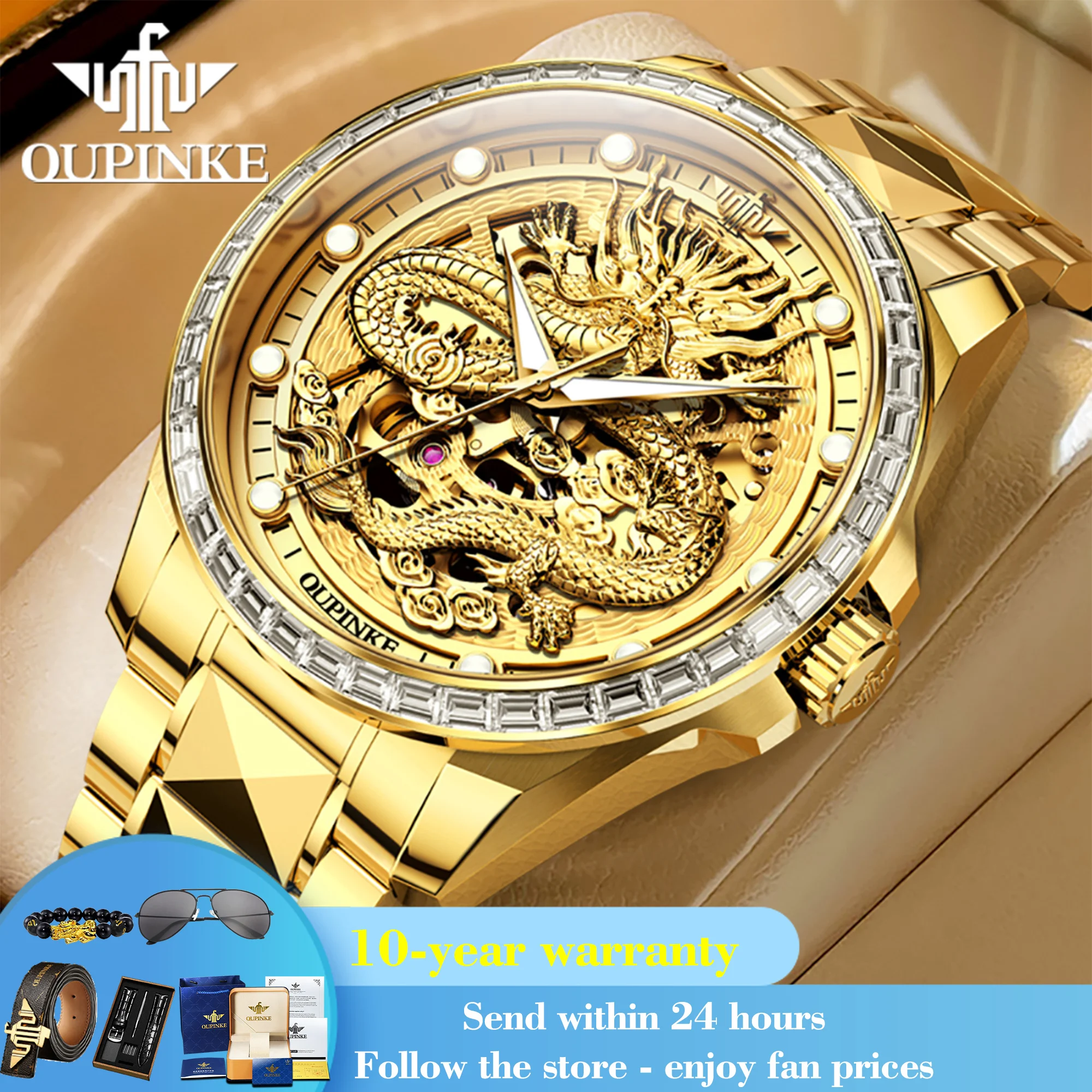 

OUPINKE 3276 Gold Dragon Automatic Mechanical Watch For Men Synthetic Sapphire Mirror Original Wristwatch Waterproof Man Watches