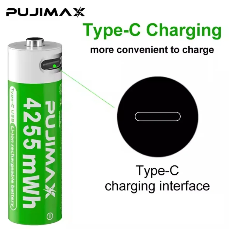 PUJIMAX 1.5V AA 4255mWh USB Type-C Rechargeable Lithium Battery for Hunting Camera Remote Control Mouse Smart Door Lock Micropho