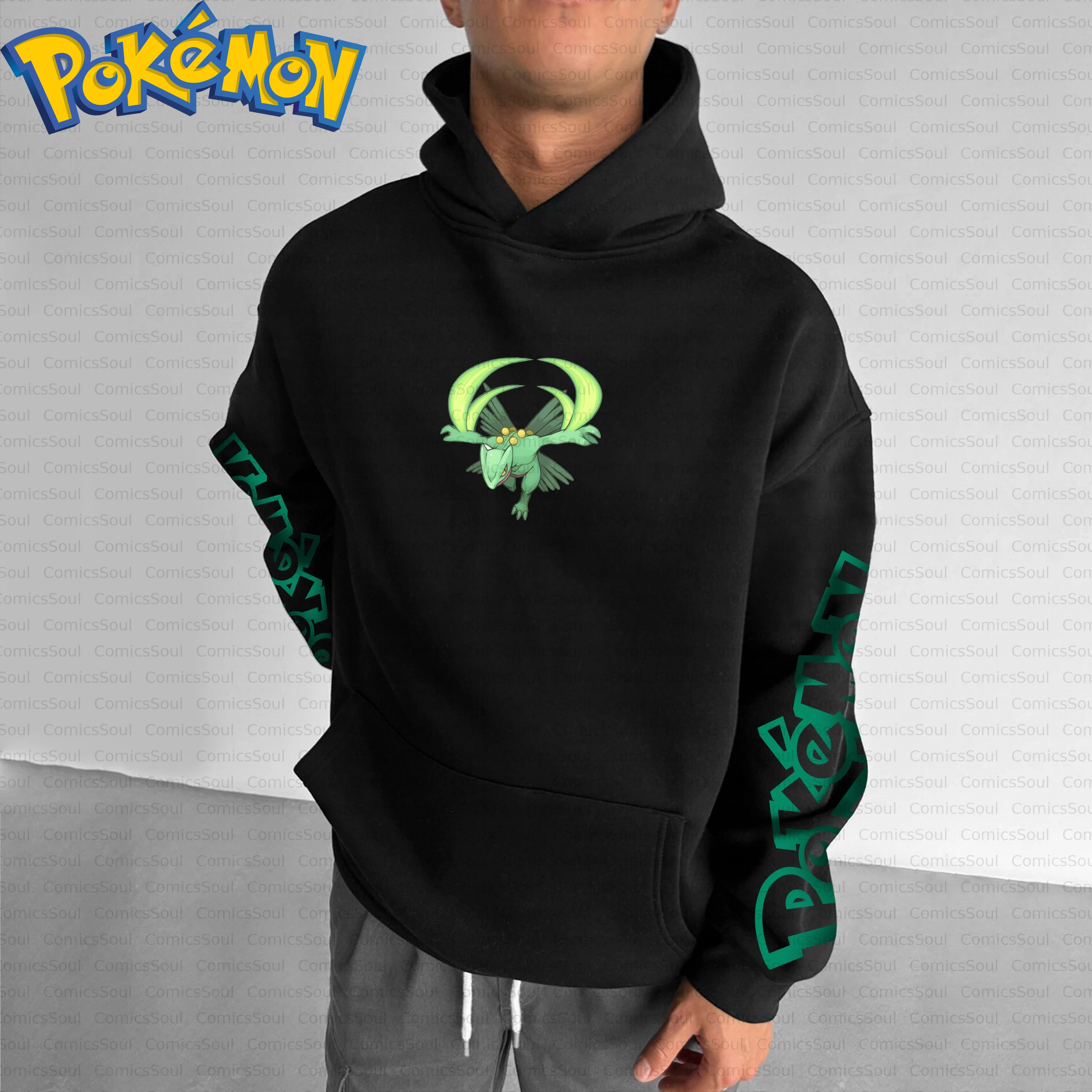 Novo conjunto de moletom com capuz Pokémon e calças Harajuku de algodão preto com efeitos de movimento com estampa traseira de personagem verde e design de logotipo no peito