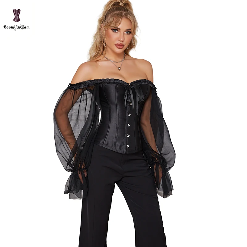 Off Shoulder Long Sleeves Burlesque Overbust Corset Victorian Bustier For Women Plus Size Solid Black Lace Up Boned Corselet