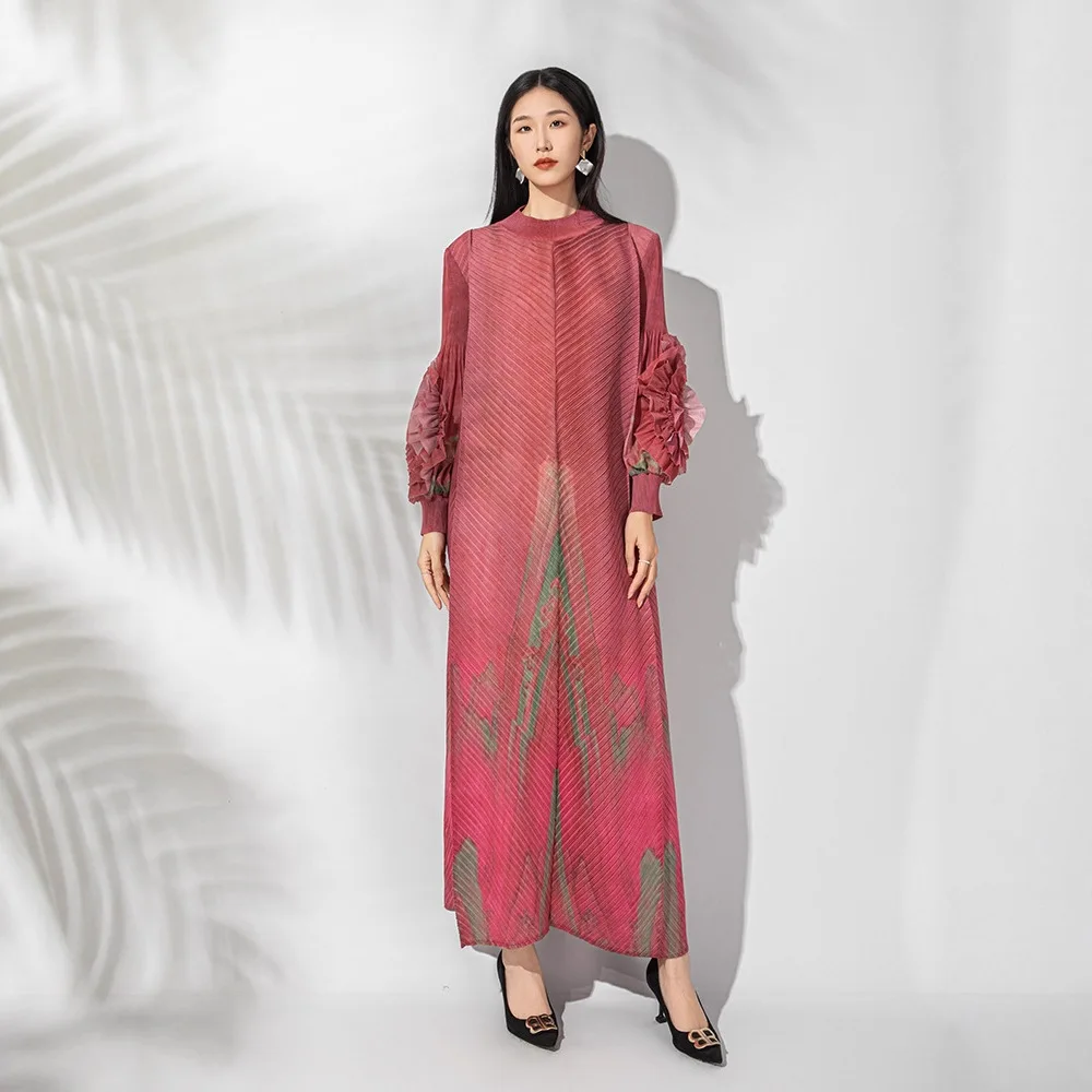 

Miyake Printed Women Long Sleeve Dress Pleated New Middle East Elegant Temperament Loose Large Size Stretchy Long Dress Clothing