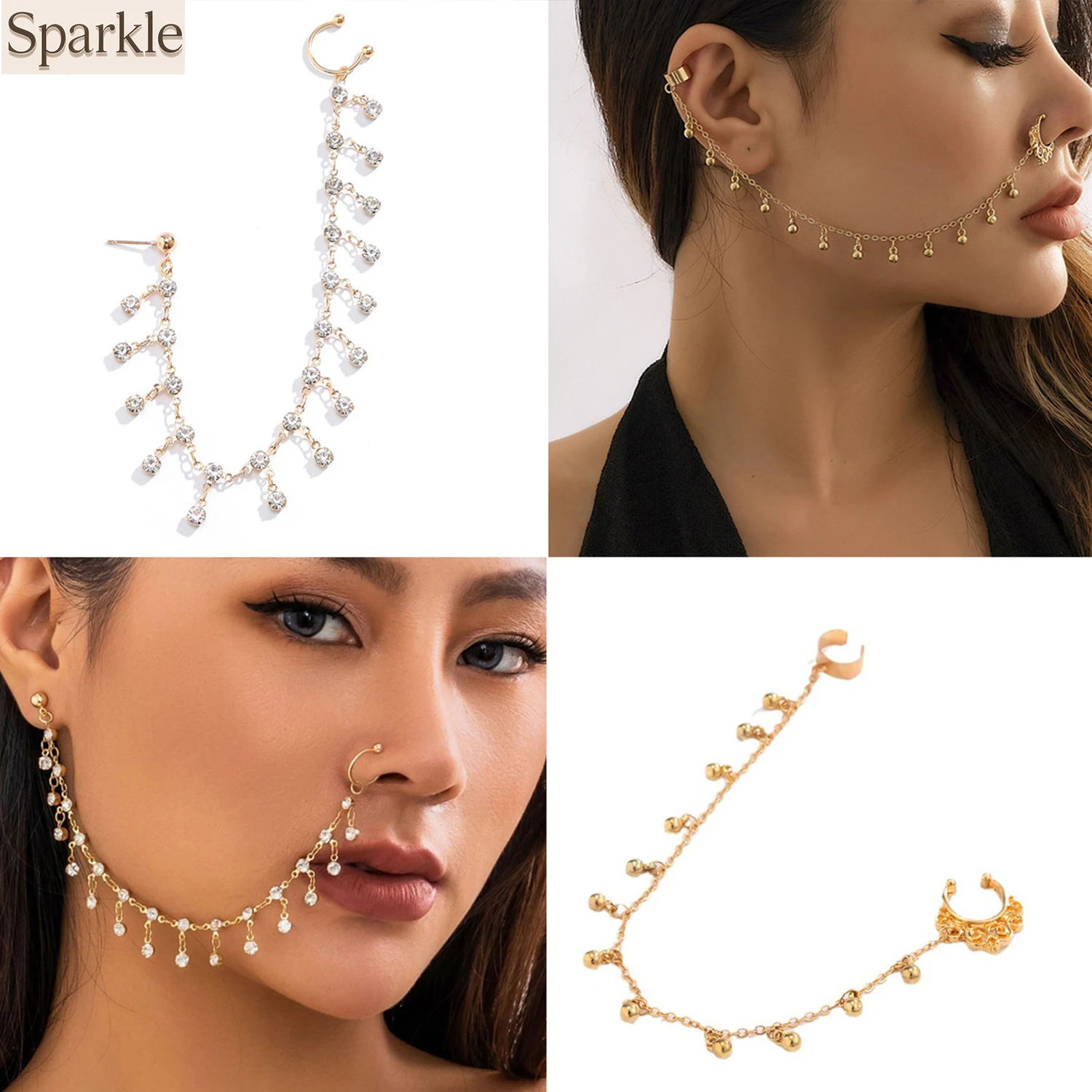 

PuRui Bohemia Women's Unique Geometric Beads Pendant Tassel Chain Earrings with Fake Nose Piercing Nose Clip Fashion Accessory