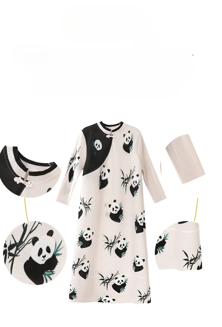 Miyake Dress Retro Middle Aged Mom Dress Female 2024 Autumn Style Temperament Reduced Age Panda Print Improved Cheongsam Dress